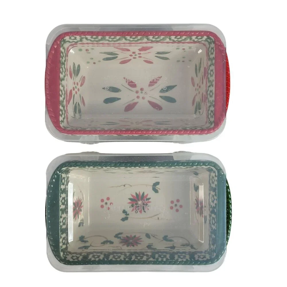 Temptations by Tara Holiday Christmas Mini Loaf Pan Lot of 2 Baking 12oz Lid